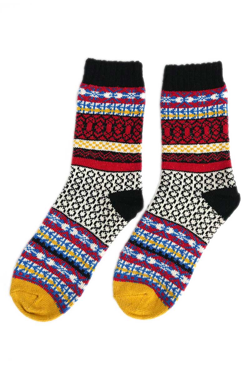 Pair of Nordic Style Circles Socks in Black Wool Blend