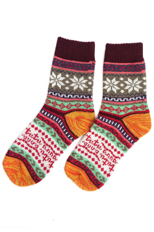 pair of Nordic Style Flake Socks in Burgundy Wool Blend