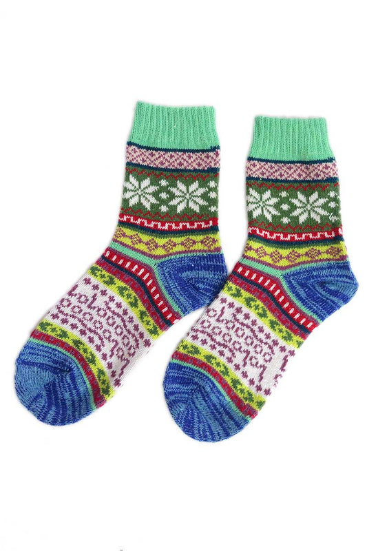pair of Nordic Style Flake Socks in Green Wool Blend