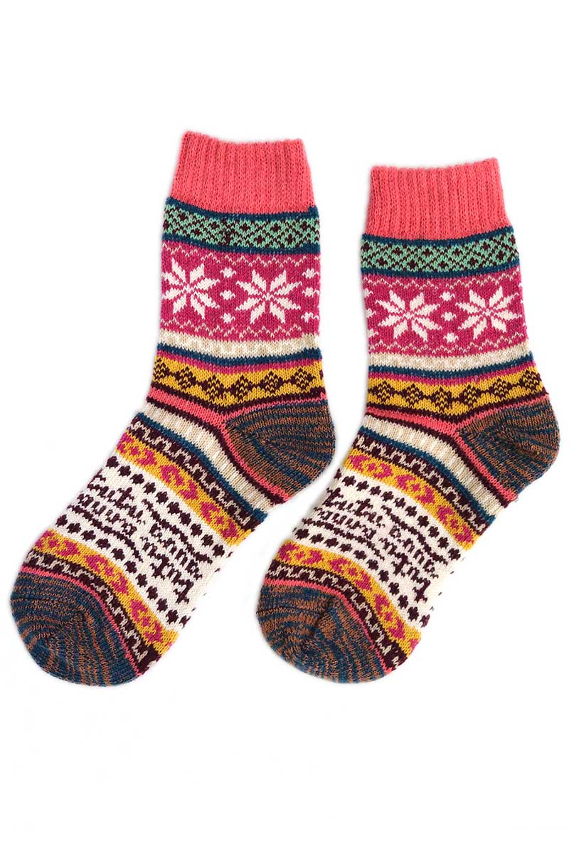 pair of Nordic Style Flake Socks in Pink Wool Blend