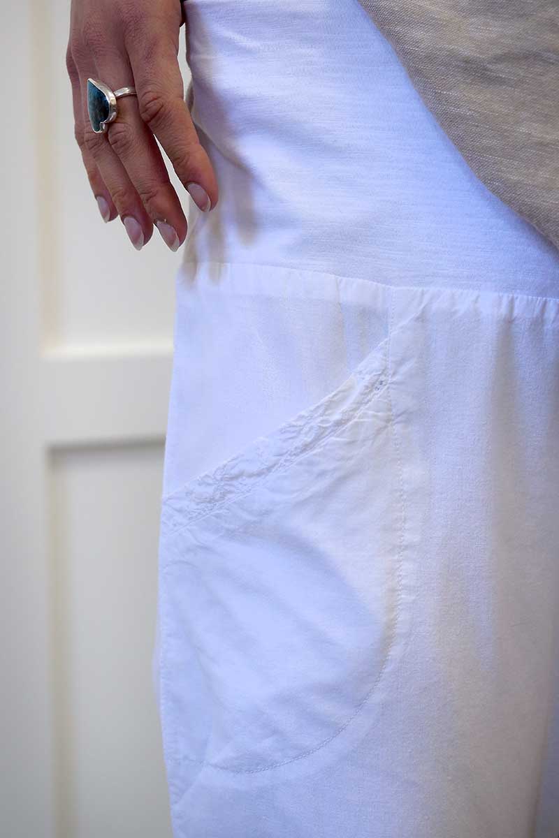 waist band and pocket detail view of the Humidity Castaway Pant in White