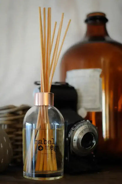 Reed diffuser on the bench with an old camera and old glass bottle