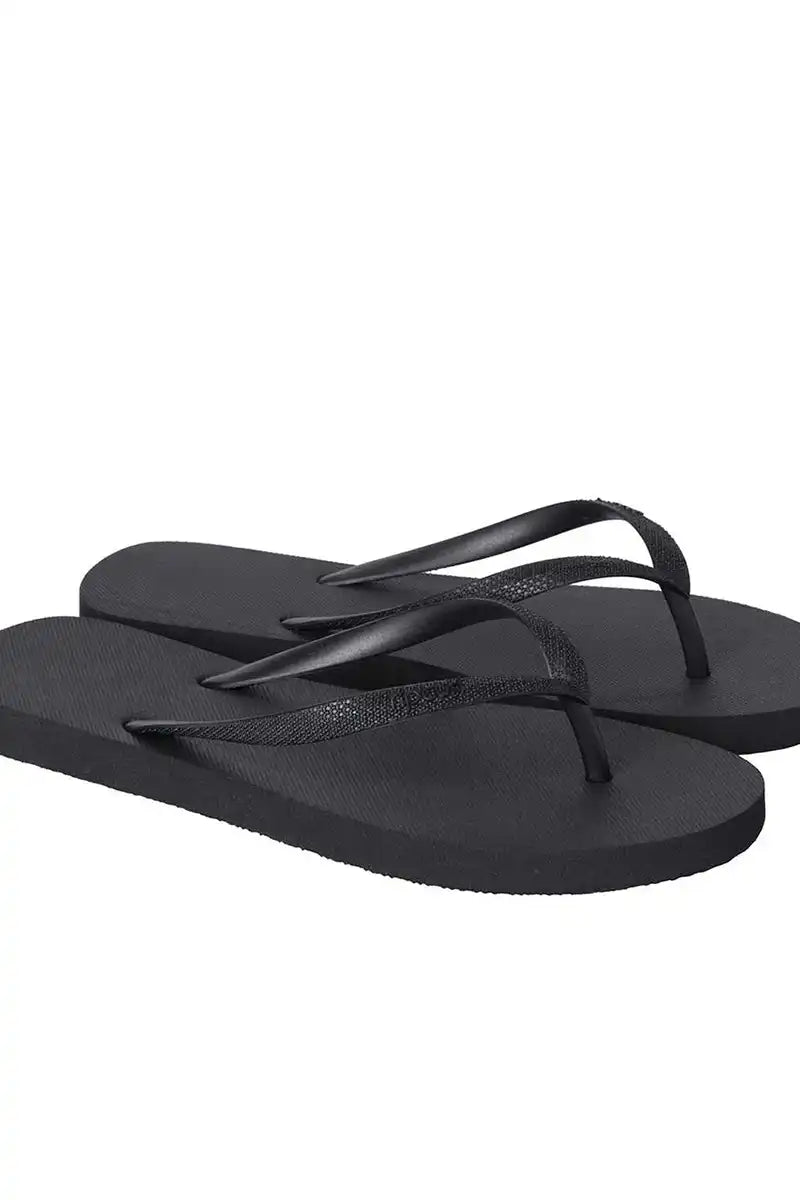 side view of the Rip Curl Brand Logo Bloom Open Toe Thongs in Black