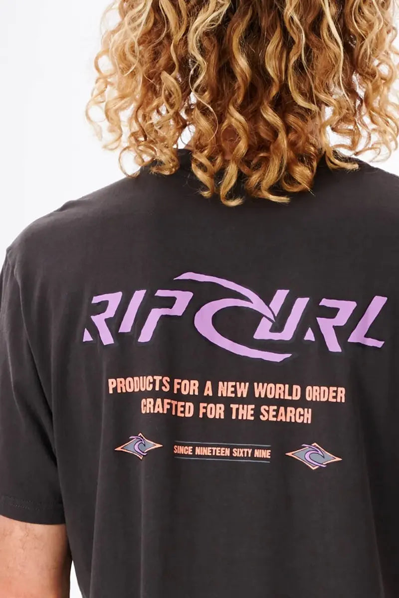 Rip Curl Mens Quest Tee in Washed Black back logo detail view