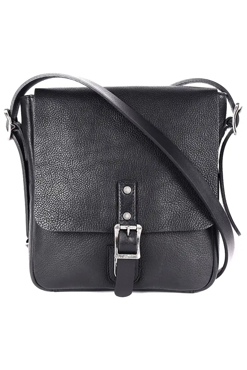 Rugged Hide Leather Wynyard Satchel Handbag in Black front view