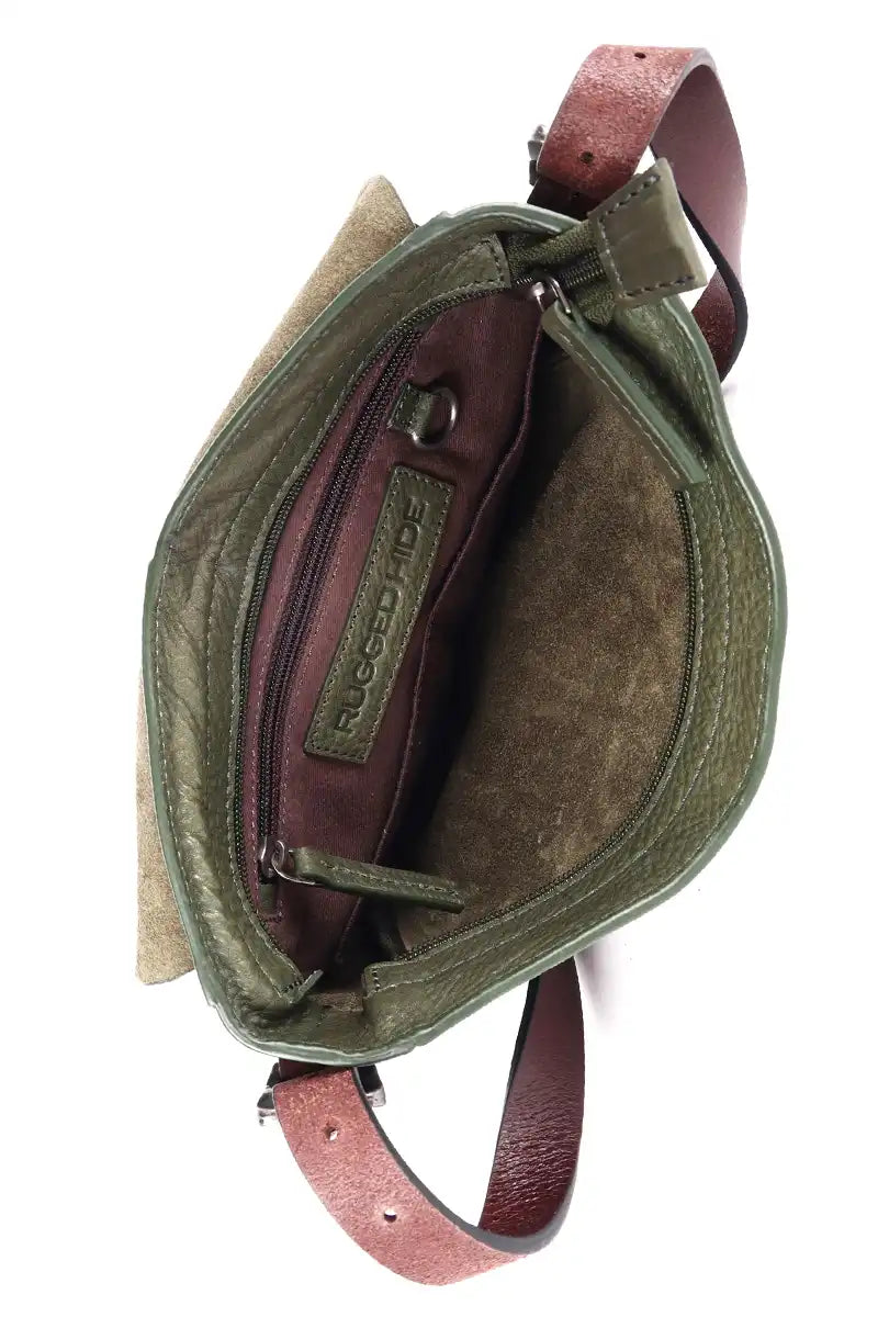 Rugged Hide Leather Wynyard Satchel Handbag in Green inside view