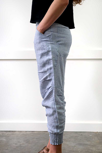 side view of the Foil The Works Pant in Chambray Hash