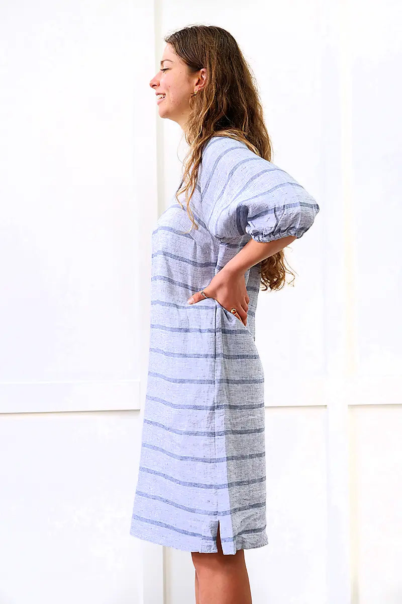 side view of the See Saw Linen 3/4 Sleeve V Neck Dress