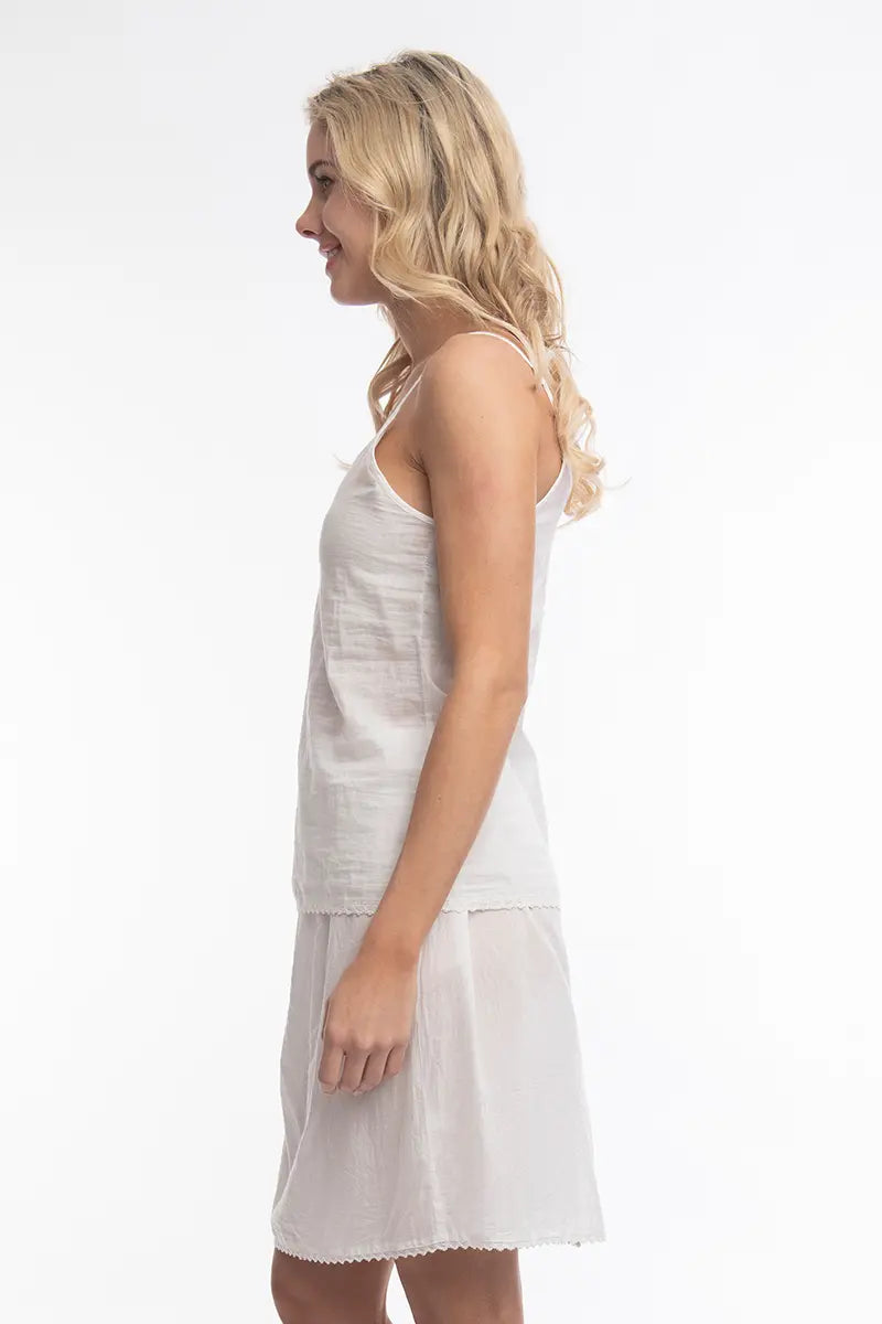 side view of the Orientique V Neck Cami Long Slip in White