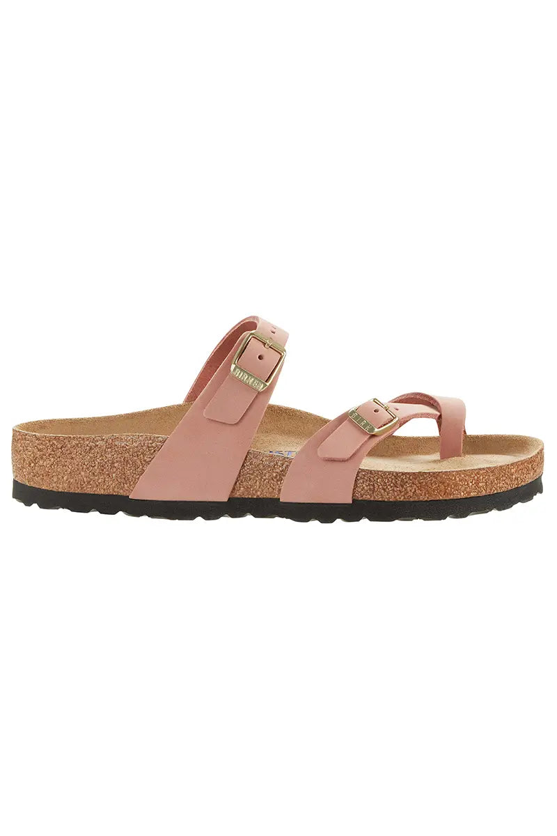 side view of the Birkenstock Women's Shoes Mayari Soft Footbed Nubuck Leateher in Old Rose