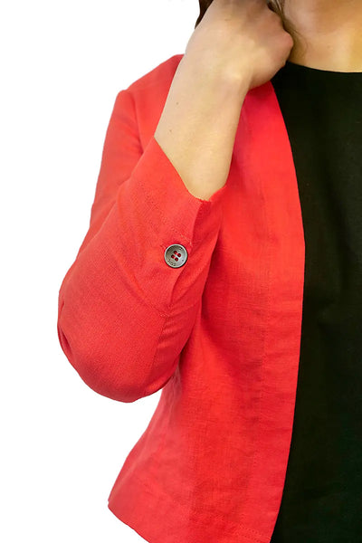 detail of the sleeve on the Foil Top Notch Jacket in Luscious