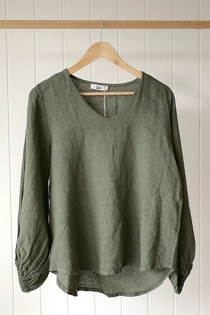 Green blouse on a wooden hanger against a white paneled wall