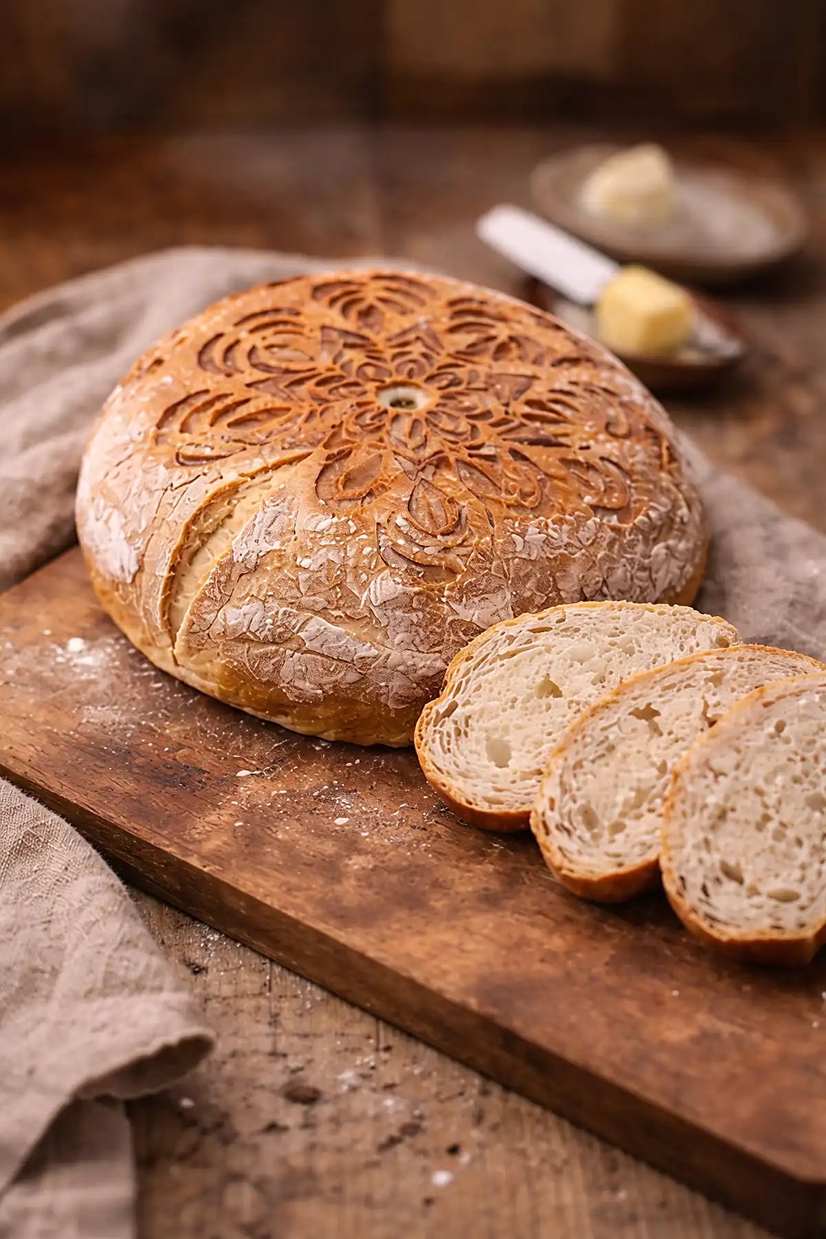 Loaf of bread with a decorative crust on a wooden cutting board, with slices cut and a spoonful of butter nearby.