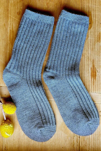 Wool Blend Crew Socks in Dark Grey by Mabel + Meg pair on wooden background