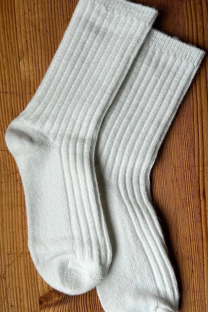 Wool Blend Crew Socks in Off White by Mabel + Meg pair on timber board