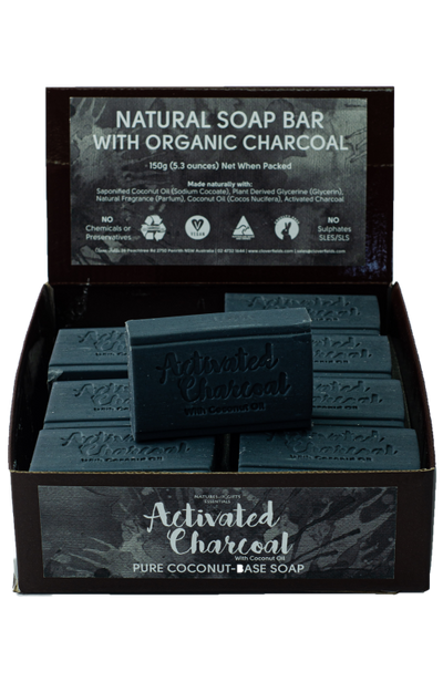 box of natural soap bars with organic charcoal