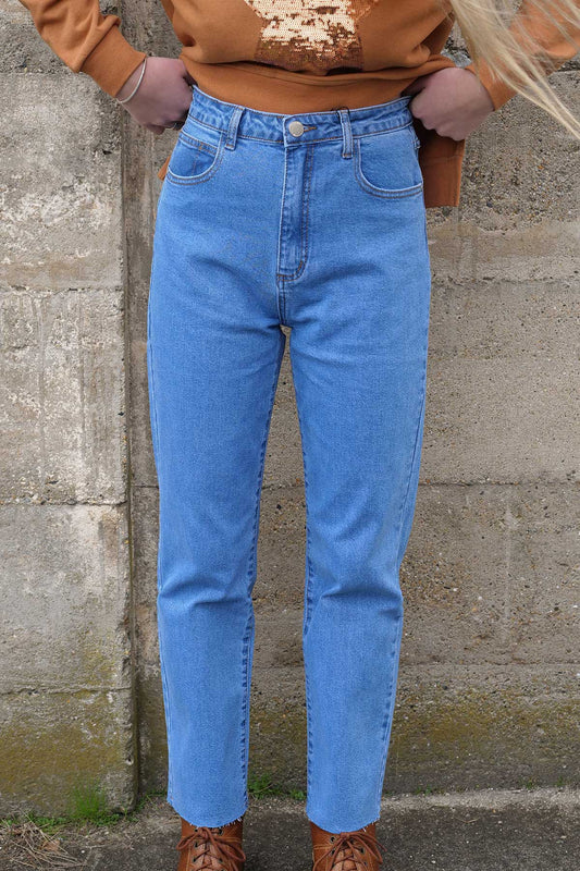Raw hem Stretch Mum Jean by country denim- front view.