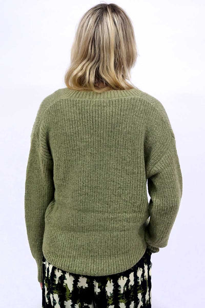 back view of the Namastai Asparagus Knitted Jumper