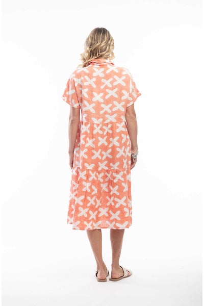 Orientique Dress - Print Pure Linen Dress Collar Midi Layers in coral back view