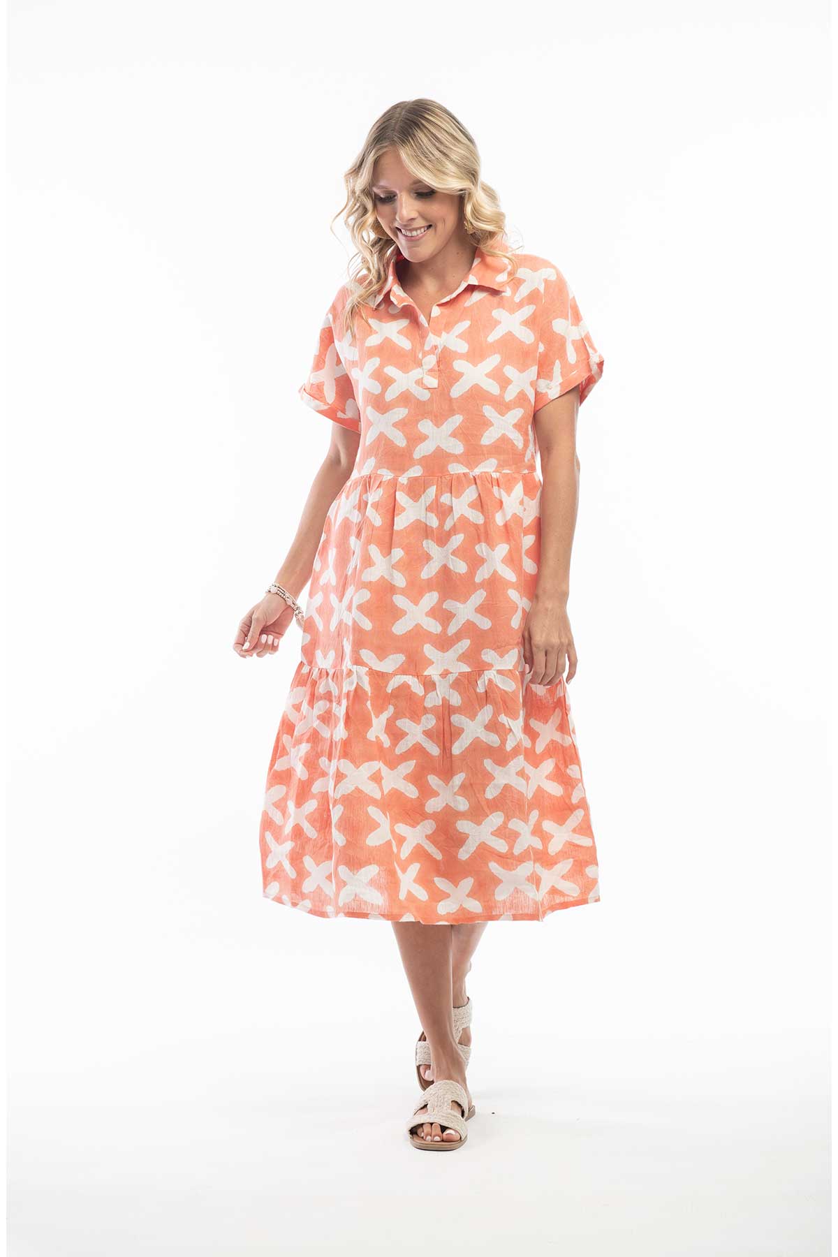 Orientique Dress - Print Pure Linen Dress Collar Midi Layers in coral front view