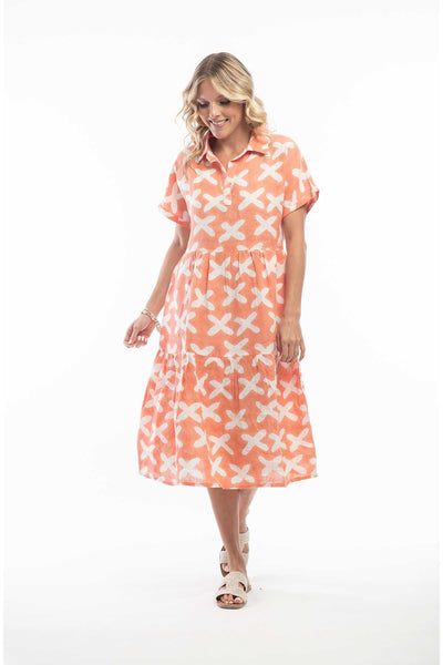 Orientique Dress - Print Pure Linen Dress Collar Midi Layers in coral front view