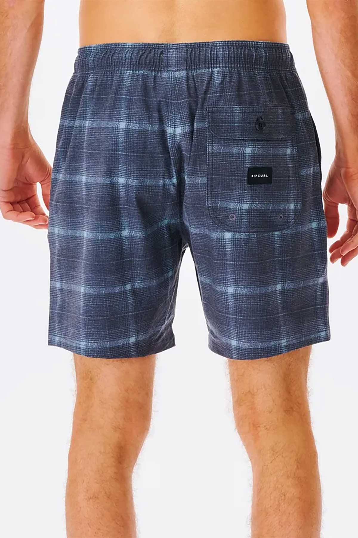 Rip Curl Shorts Newport Volley- Mineral Blue, back view of  button closure pockets. Made for in and out of the water