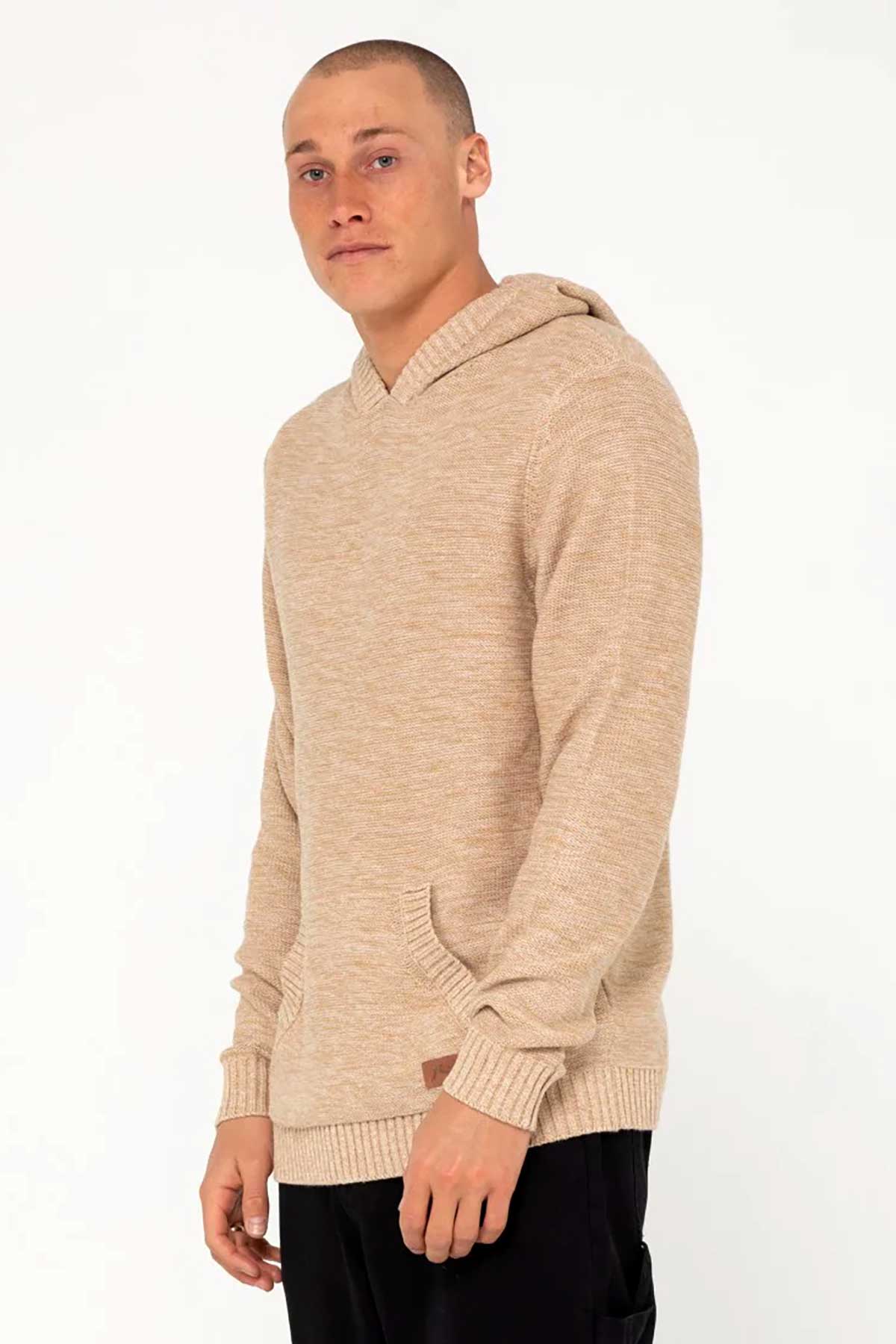Rusty Hood Knit Jumper - Skyliner Humus, with large front pocket.