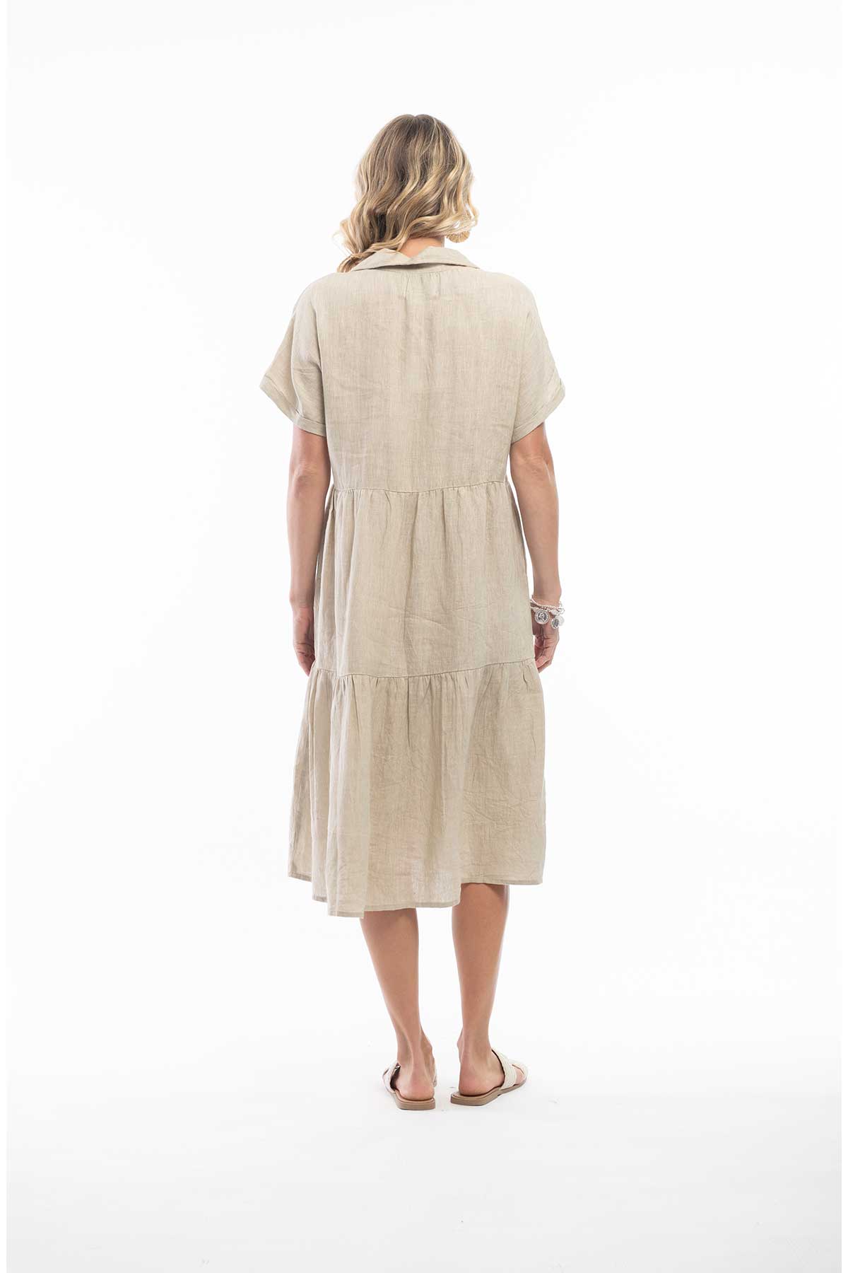 Orientique Dress - Solid Pure Linen Dress Collar Midi Layers back view in fog