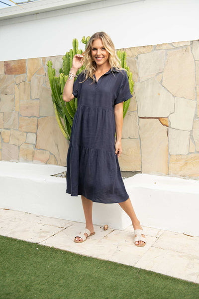 Orientique Dress - Solid Pure Linen Dress Collar Midi Layers feature image in navy
