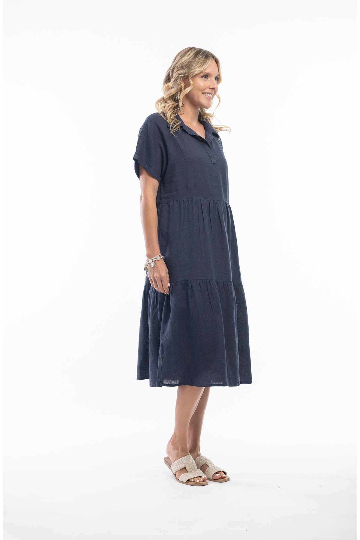 Orientique Dress - Solid Pure Linen Dress Collar Midi Layers side view in navy