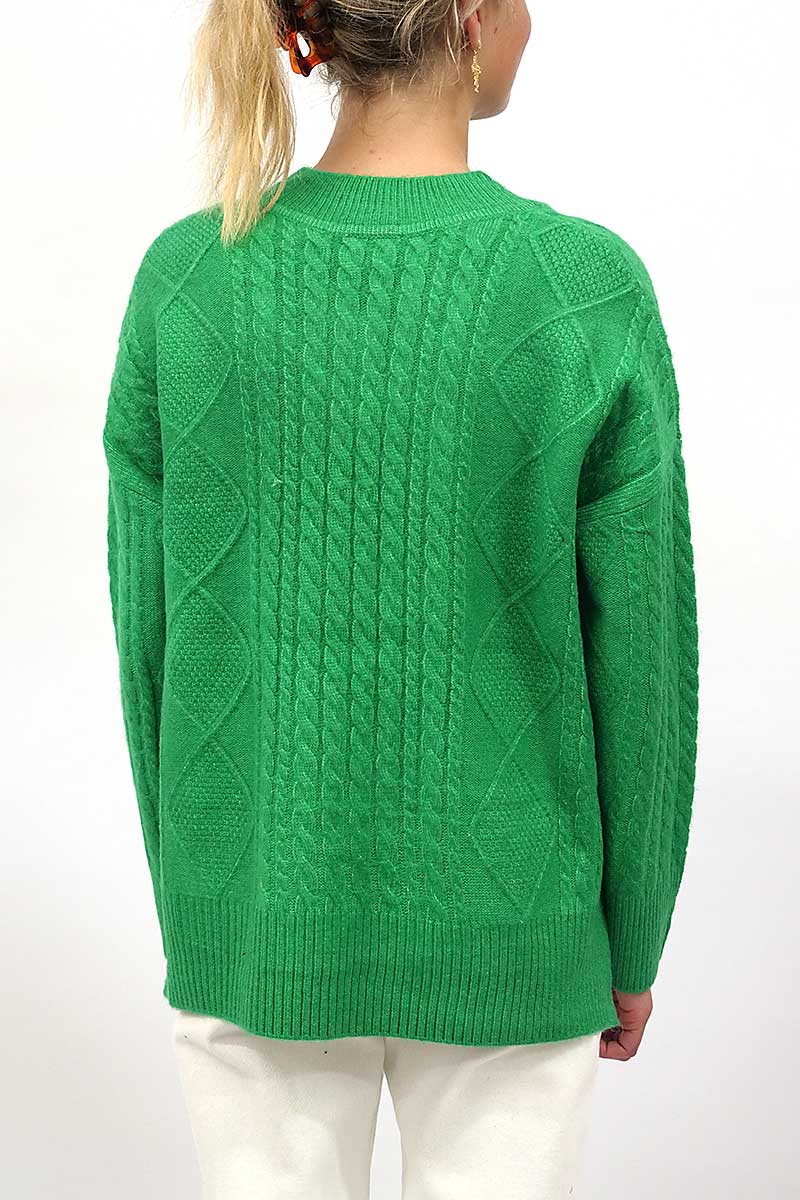 back of the Foil Very Cable-ble Sweater Evergreen