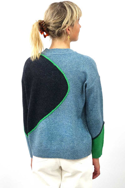back view of the Foil Pop and Roll Sweater in Pond Mix