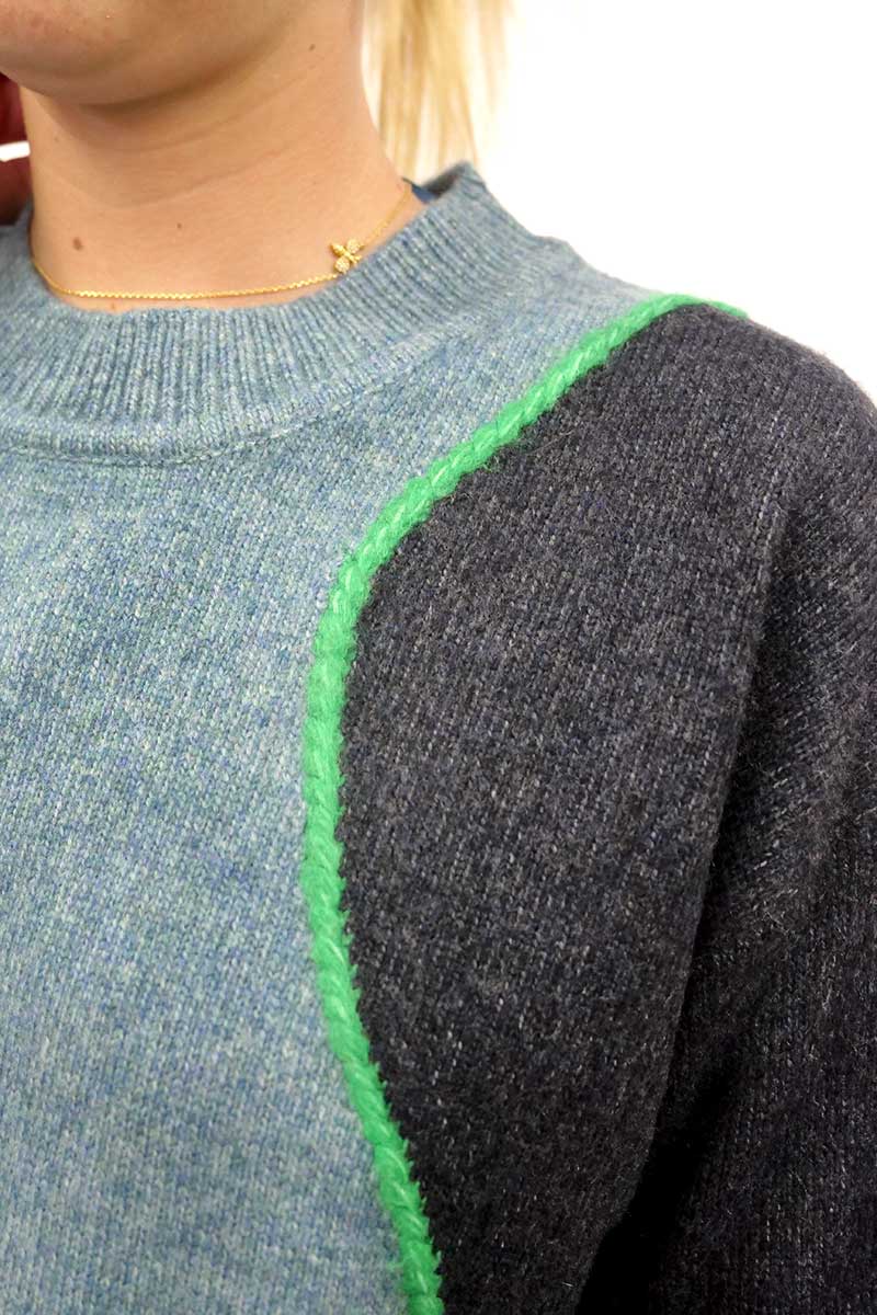 detail view of the Foil Pop and Roll Sweater in Pond Mix