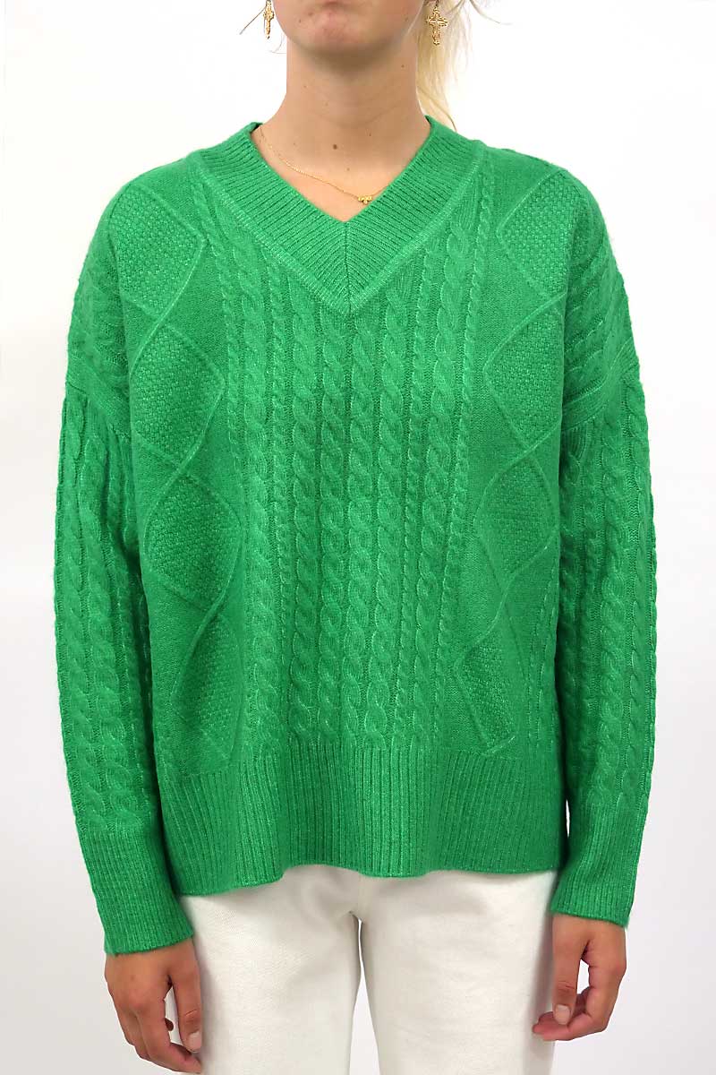 front of the Foil Very Cable-ble Sweater Evergreen
