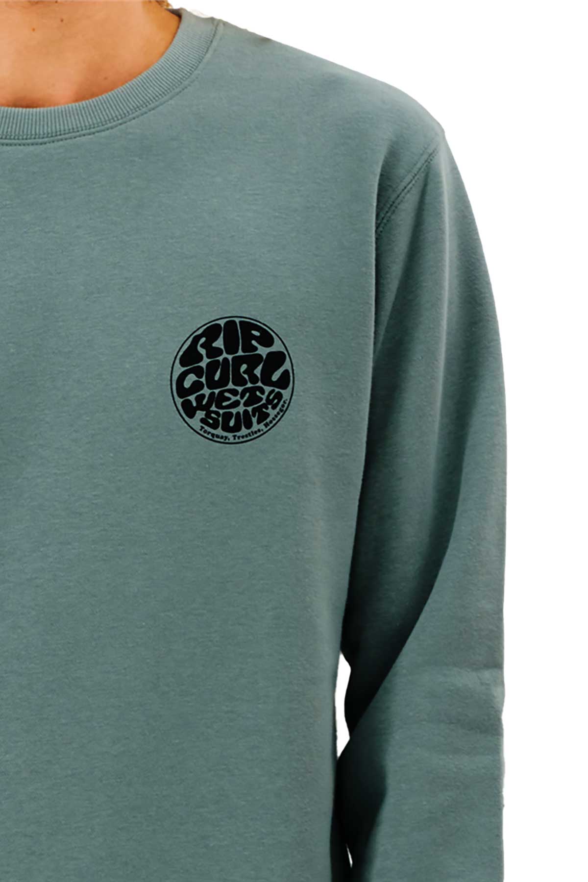 Rip Curl Mens Wetsuit Icon Sweatshirt close up of logo on bluestone top