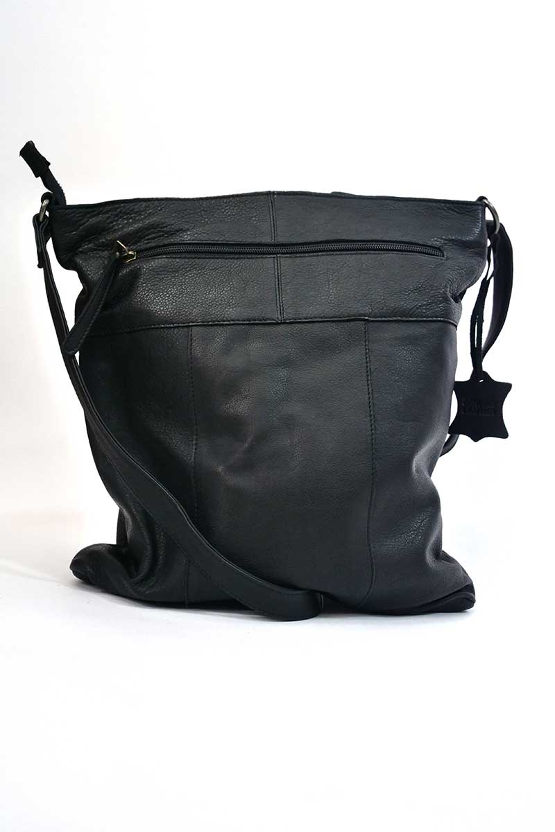 back of the Rugged Hide Leather Ladies Bag - Emily Black showing external zip
