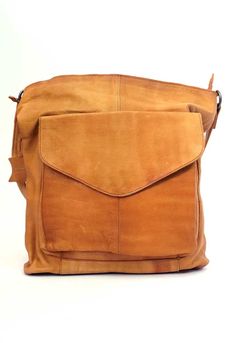front of the Rugged Hide Ladies Leather Bag - Emily in tan showing the front pocket