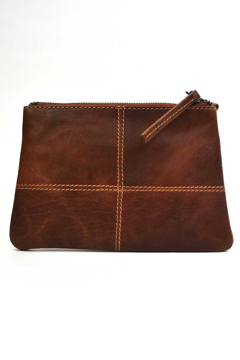 front of the Rugged Hide Leather Clutch - Mia Cognac