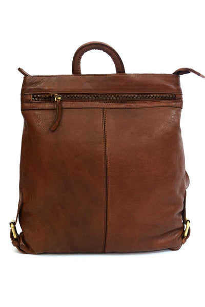 Rugged Hide Bag Pluto Backpack in Brandy showing external zip pocket