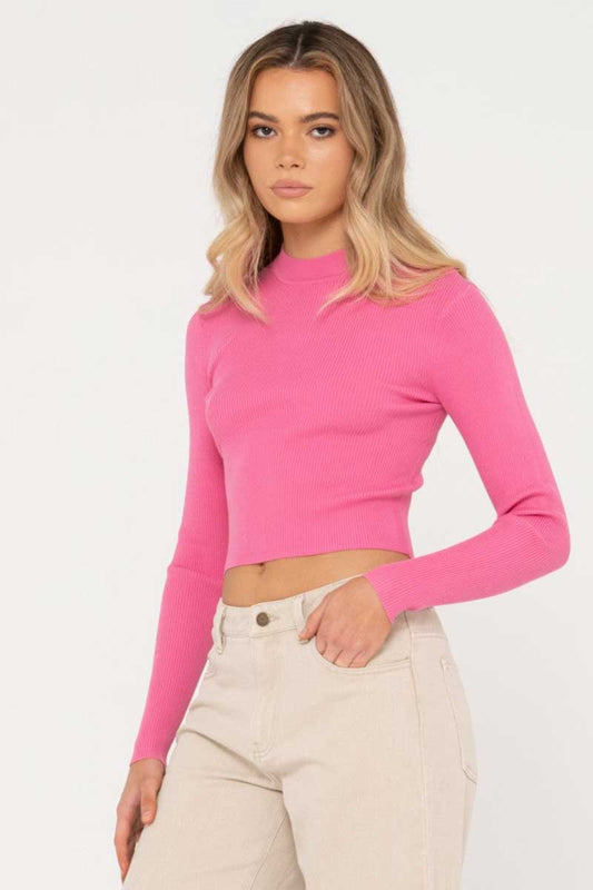 Rusty Knit top Charis Mock Neck Long Sleeve in pink side view